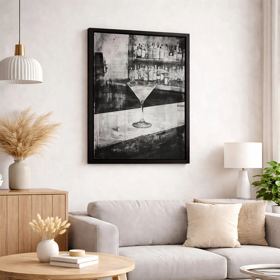 Martini Glass Canvas Wall Art | Black and White Bar Aesthetic Print | 1.25-Inch Gallery Wrap | Sophisticated Home Decor for Cocktail Lovers