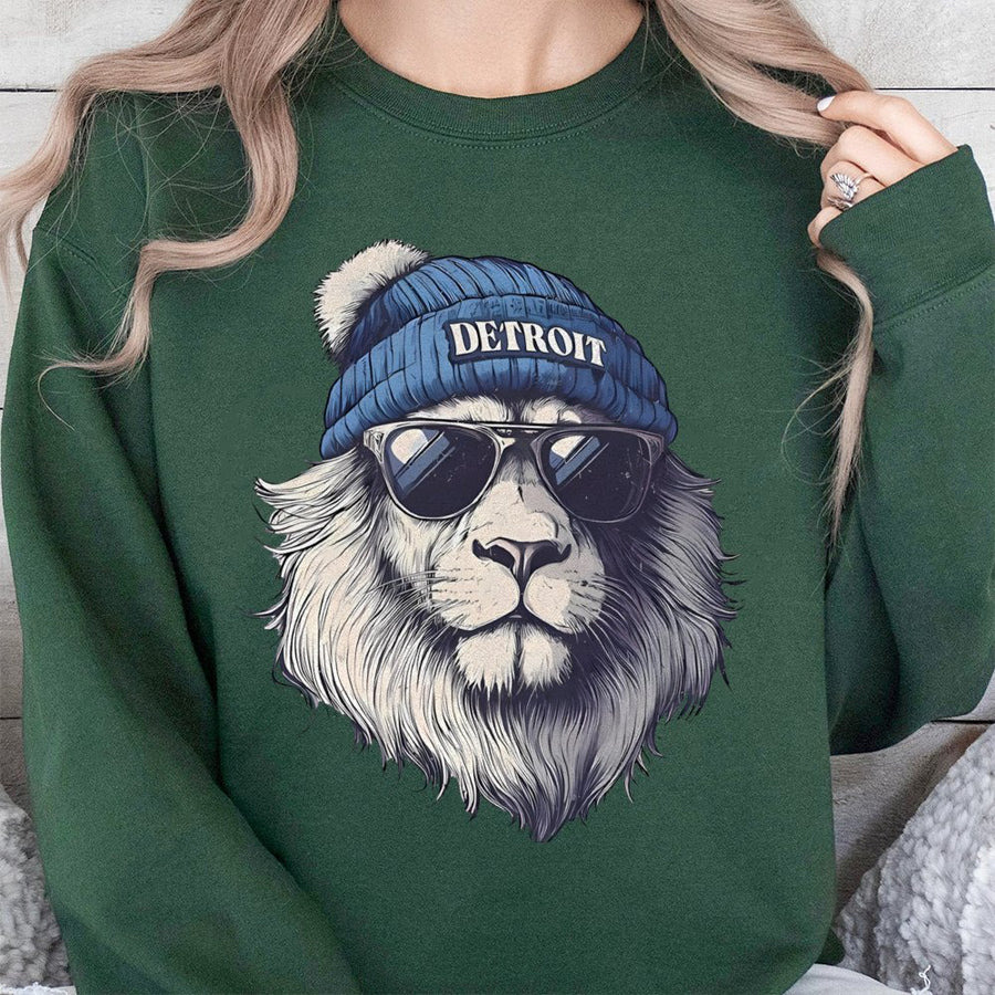 Detroit Lion Wearing Sunglasses And A Beanie Sweatshirt