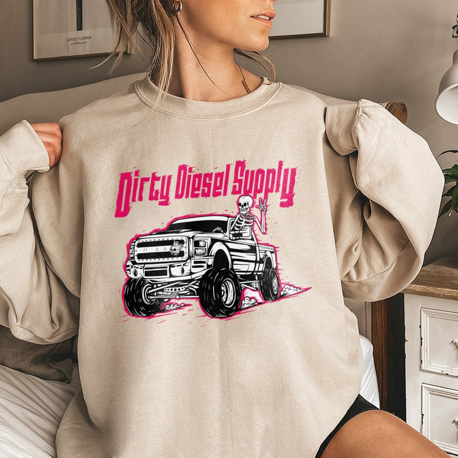Diesel Truck Skeleton Sweatshirt | Pink Graphic Off-Road Design | Premium Cotton Blend | Gift for Truck Enthusiasts & Gearheads