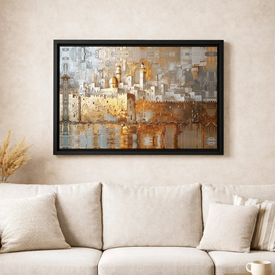 Jerusalem Old City Skyline Canvas Art | Abstract Textured Gold and Silver Oil Style | Premium 1.25 Inch Gallery Wrap | Holy Land Home Decor Wall Print
