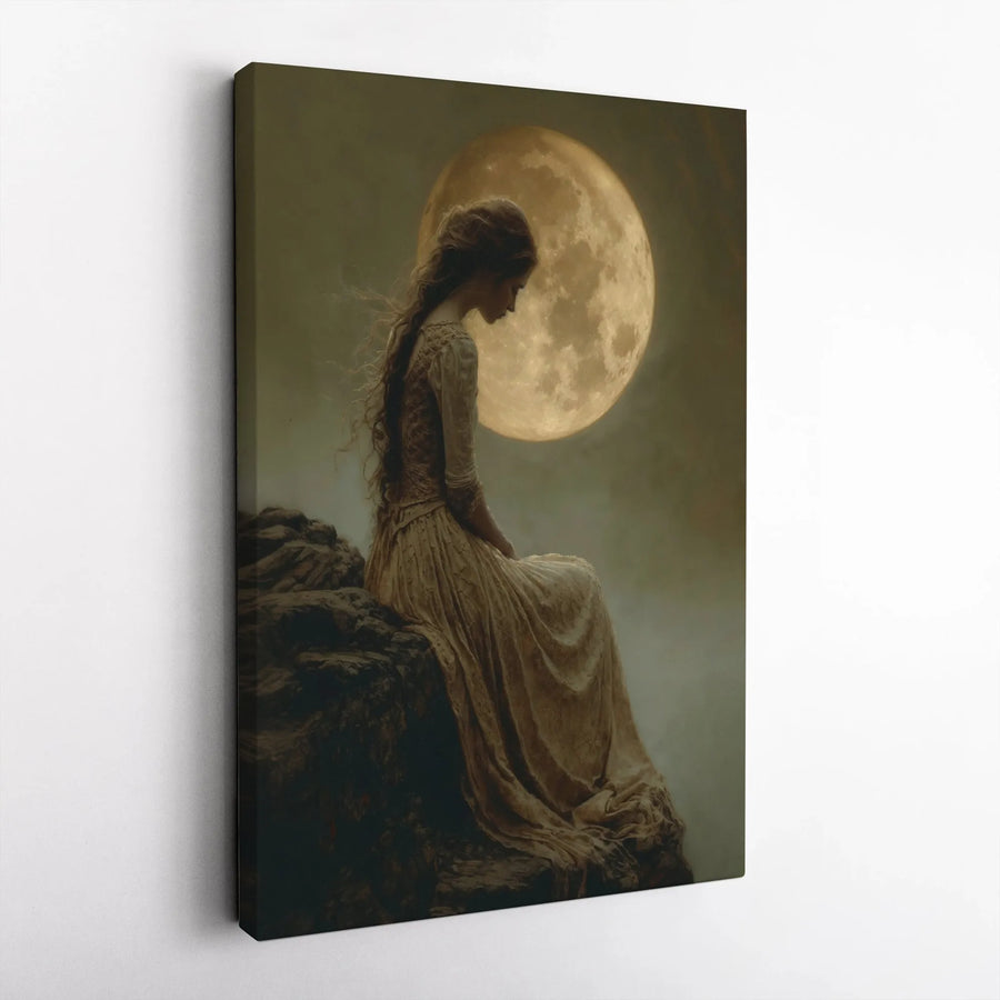 Gothic Moon Goddess Wall Art | Ethereal Woman On Cliff Canvas | 1.25 Inch Gallery Wrap | Ready To Hang Witchy Home Decor