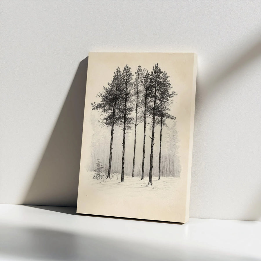 Winter Forest Canvas Art | Pine Tree Pencil Sketch | Gallery Wrapped Premium Print | Neutral Nature Home Decor Wall Hanging