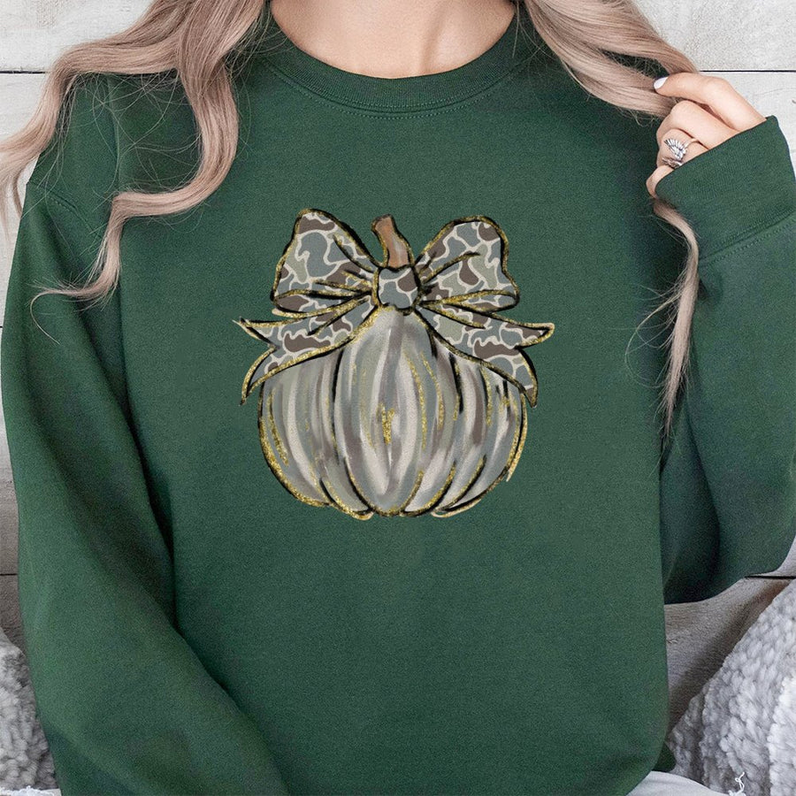 Camo Pumpkin Sweatshirt | Coquette Bow Fall Aesthetic Graphic | Soft Cotton Blend Unisex Pullover | Trendy Thanksgiving Gift For Her