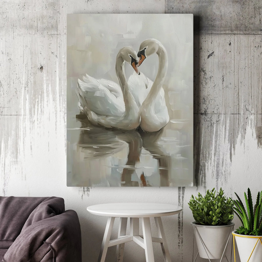 Romantic Swan Painting Canvas Wall Art | Painterly Style Bird Art with Heart Shape | Premium 1.25" Thick Gallery Wrap | Romantic Bedroom Decor Gift for Couple