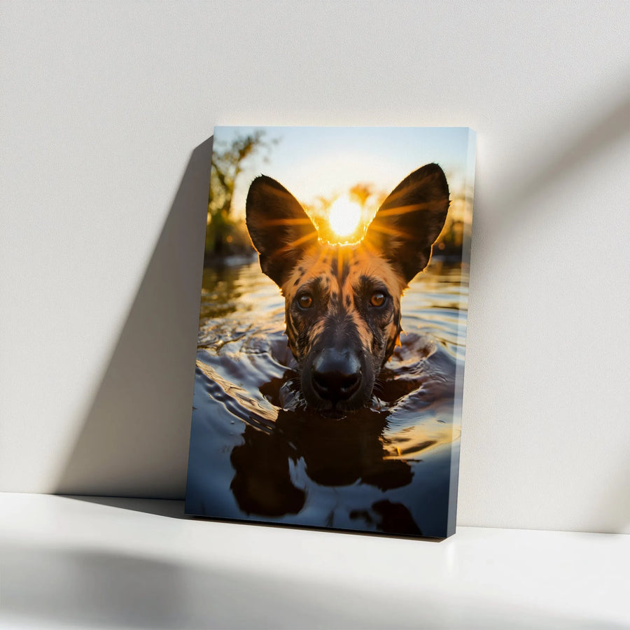 African Wild Dog Canvas Wall Art | Sunset Wildlife Photography Portrait | Premium 1.25-inch Gallery Wrap | Animal Lover Home Decor Gift