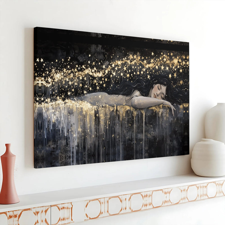 Sleeping Woman Wall Art | Golden Stars Celestial Canvas Print | Premium Gallery Wrap Decor | Dreamy Bedroom Living Room Aesthetic Gift