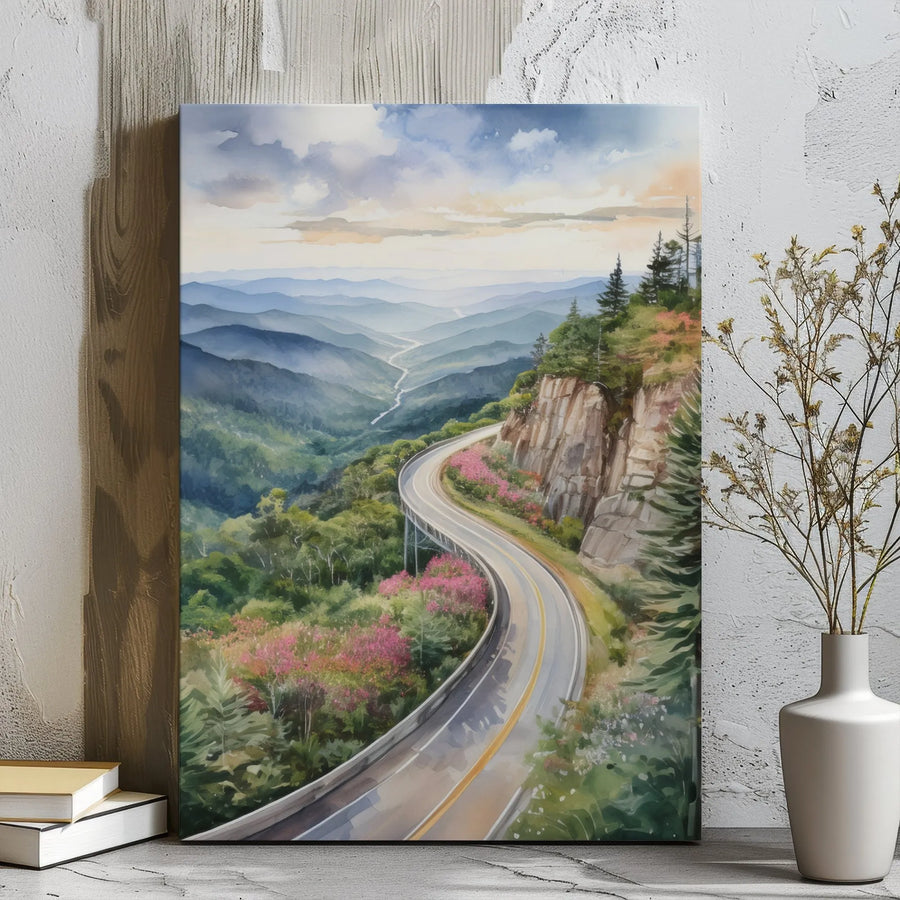 Mountain Road Canvas Wall Art | Watercolor Scenic Landscape | Premium Gallery Wrap Print | Nature Home Decor Gift for Travelers