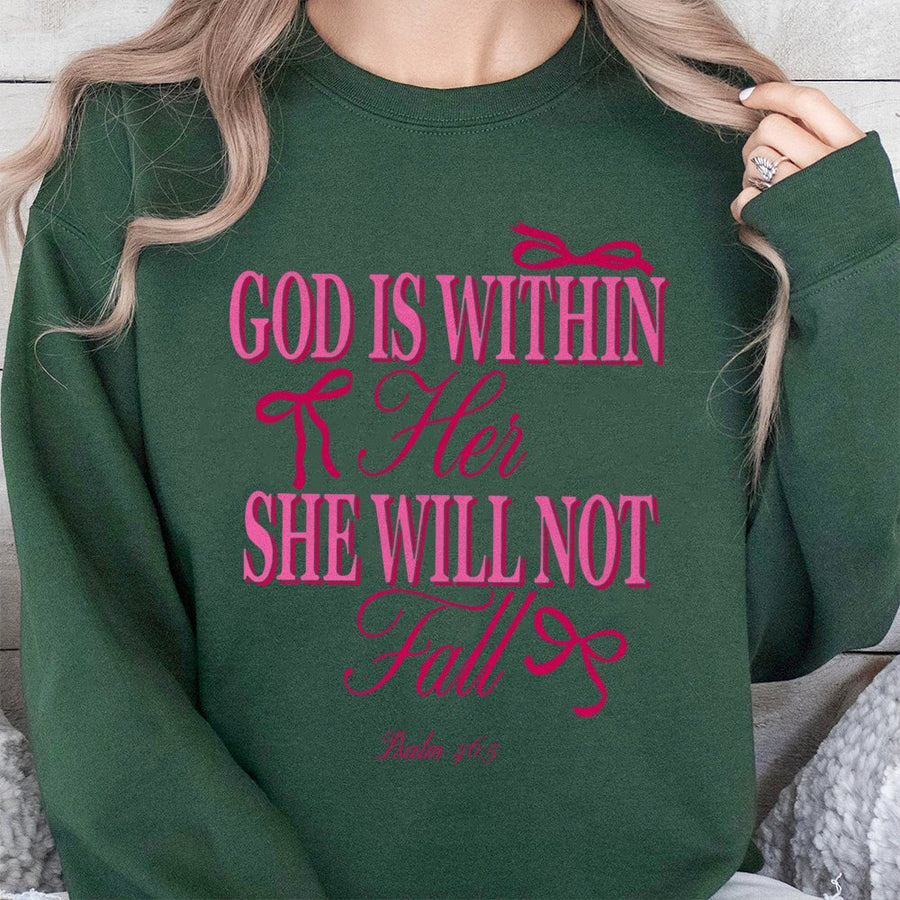 God Is Within Her She Will Not Fall Sweatshirt | Psalm 46:5 Aesthetic Bow Graphic | Premium Cotton Blend | Christian Gift for Women