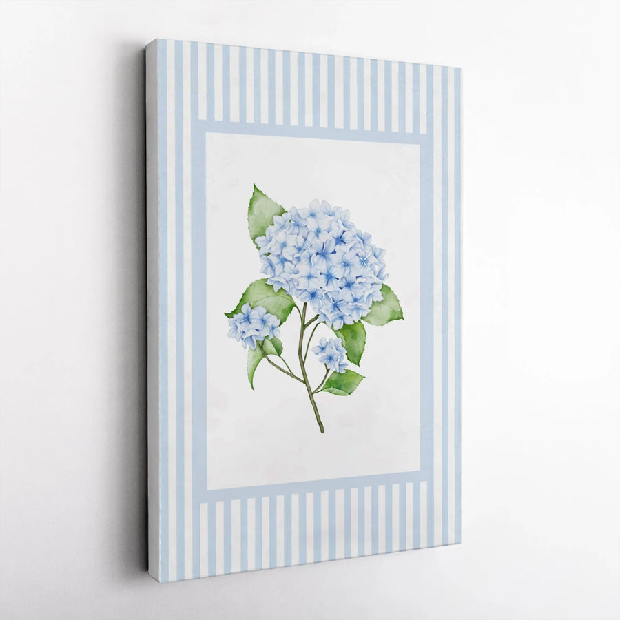 Blue Hydrangea Wall Art | Watercolor Floral Print with Striped Border | Premium 1.25-inch Thick Gallery Canvas | Botanical Home Decor Gift