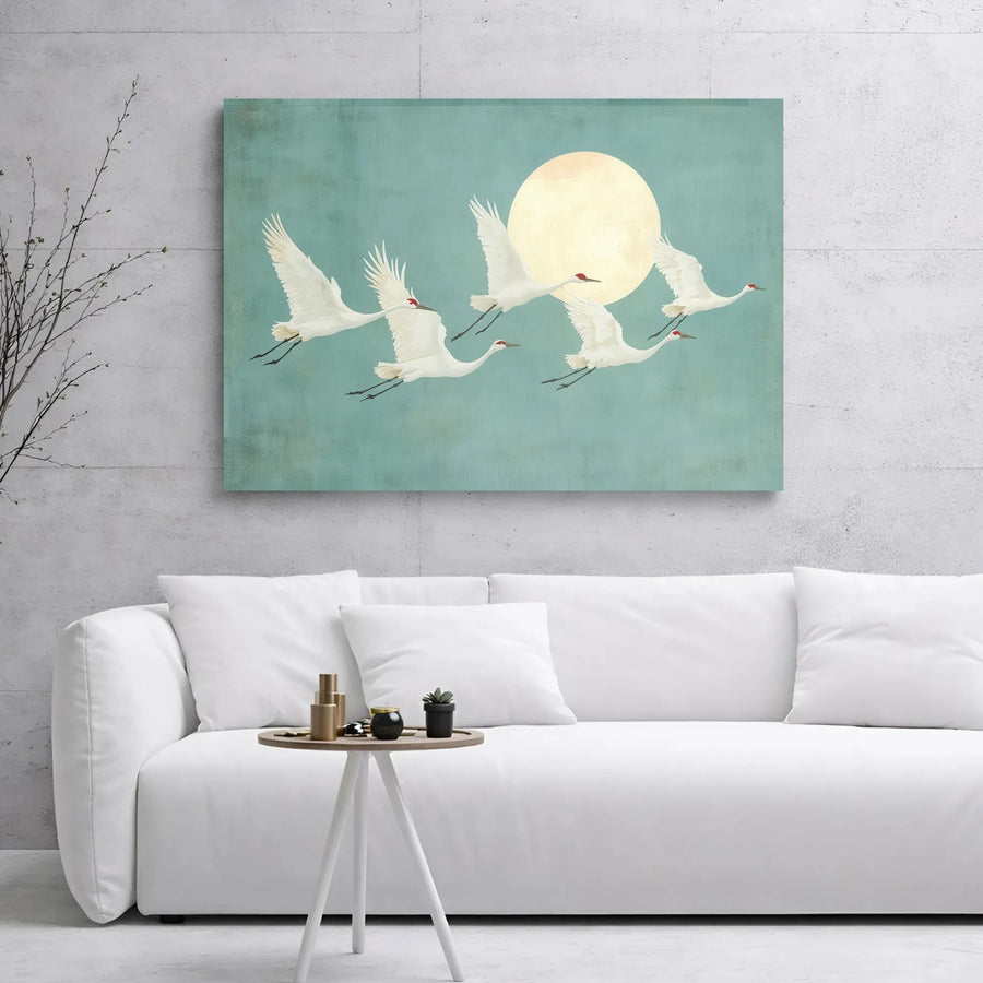Japanese Crane Wall Art | Flying Birds with Moon Canvas Print | Premium Gallery Wrap Decor | Nature Inspired Zen Living Room Gift