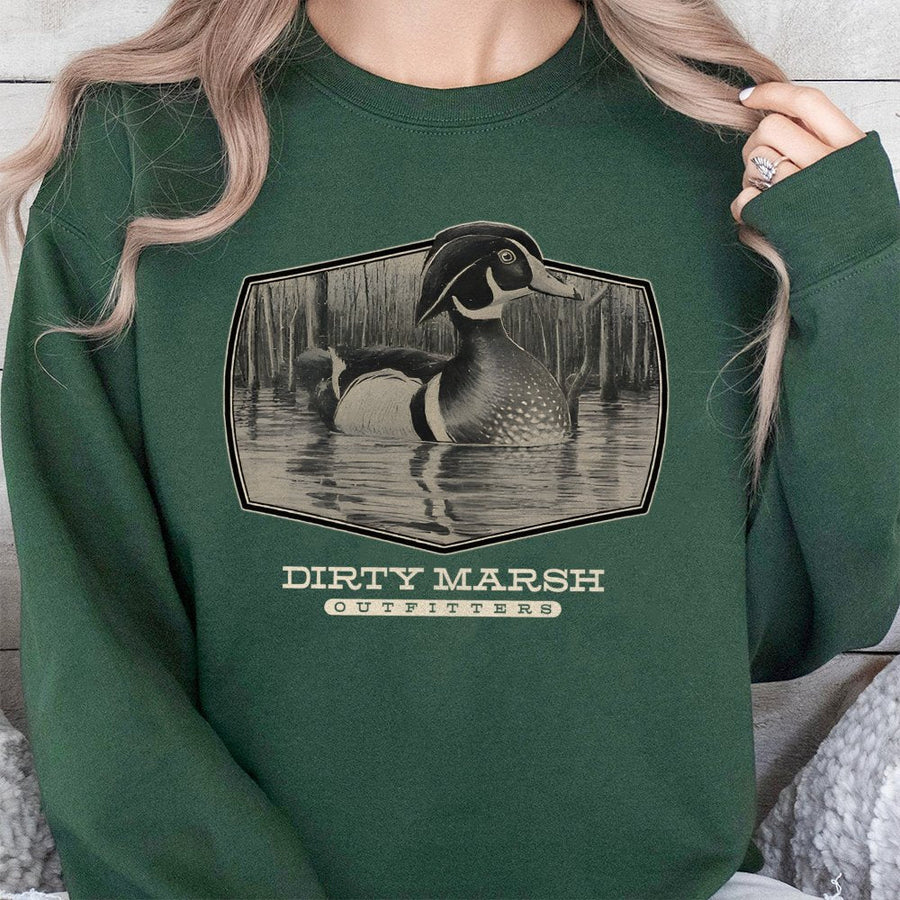 Wood Duck Sweatshirt | Dirty Marsh Wildlife Art Graphic | Premium Cotton Blend Crewneck | Gift for Hunters and Nature Lovers