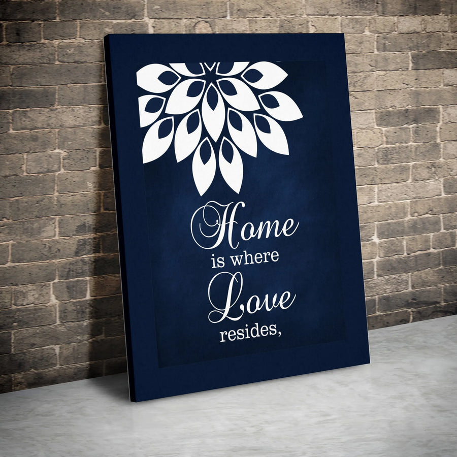 Home is Where Love Resides Canvas Wall Art | Modern Navy Blue Mandala Quote Print | Premium Gallery Wrapped Canvas | Housewarming Gift for Living Room