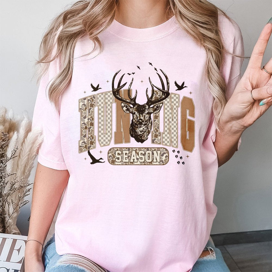 Hunting Season T-Shirt | Camo Deer and Duck Graphic Print | 100% Cotton Premium Apparel | Outdoorsman Gift for Hunters