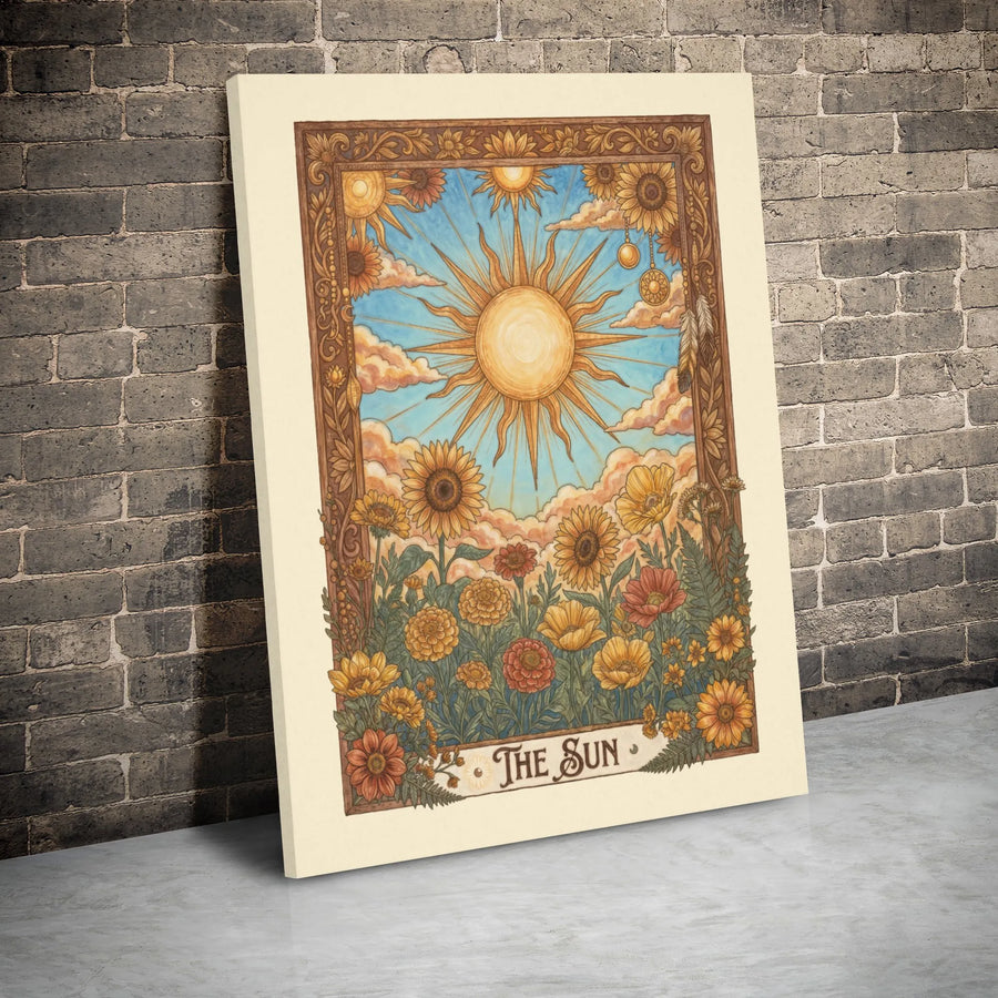 The Sun Tarot Card Canvas Wall Art | Botanical Sunflower Illustration | Gallery Wrap Premium Print | Boho Spiritual Home Decor Gift