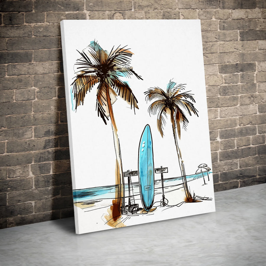 Coastal Palm Trees And Surfboard Wall Art | Watercolor Sketch Print | Premium 1.25-Inch Gallery Canvas | Beach House Decor