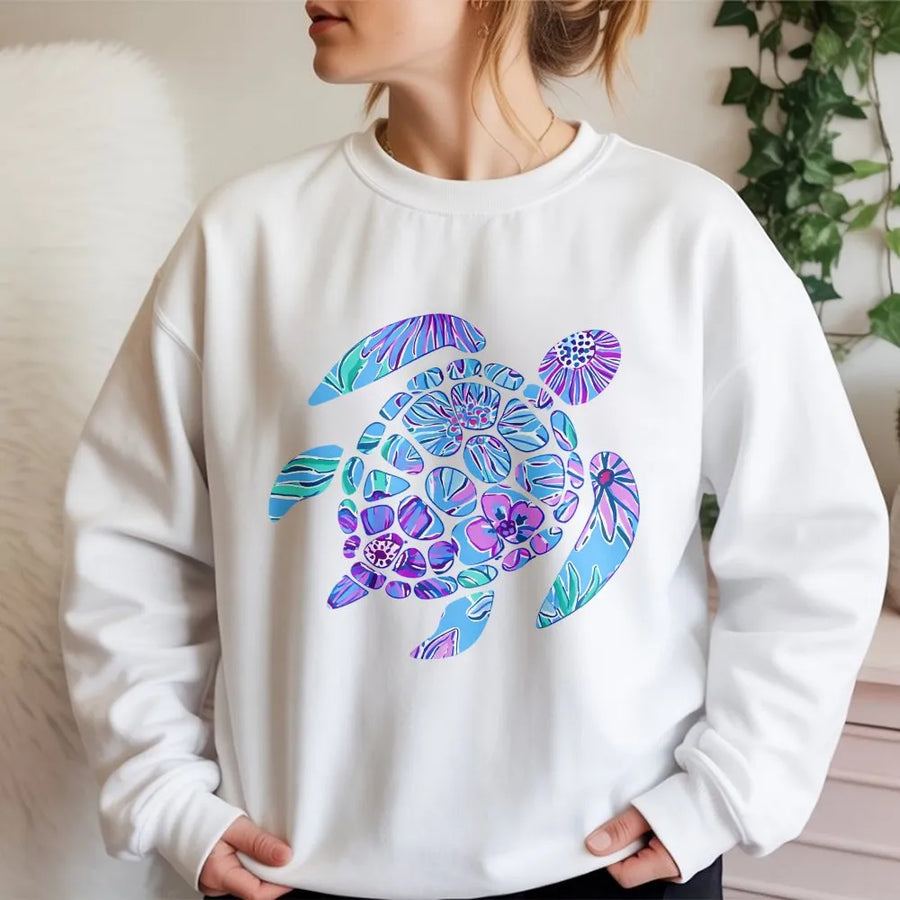 Floral Sea Turtle Sweatshirt | Trendy Watercolor Tortoise Graphic | Cozy Cotton Blend Pullover | Ocean Conservation Gift for Her