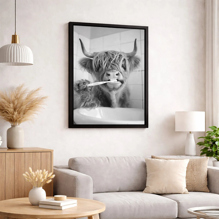 Highland Cow Brushing Teeth Canvas Art | Funny Bathroom Wall Decor | Premium Fade-Resistant Print | Quirky Farmhouse Home Gift