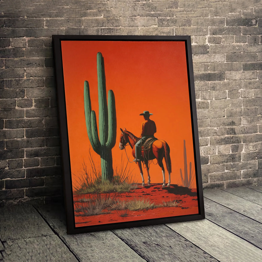Western Cowboy Wall Art | Desert Sunset Saguaro Cactus Canvas Print | Premium Gallery Wrapped Decor | Southwestern Gift for Living Room