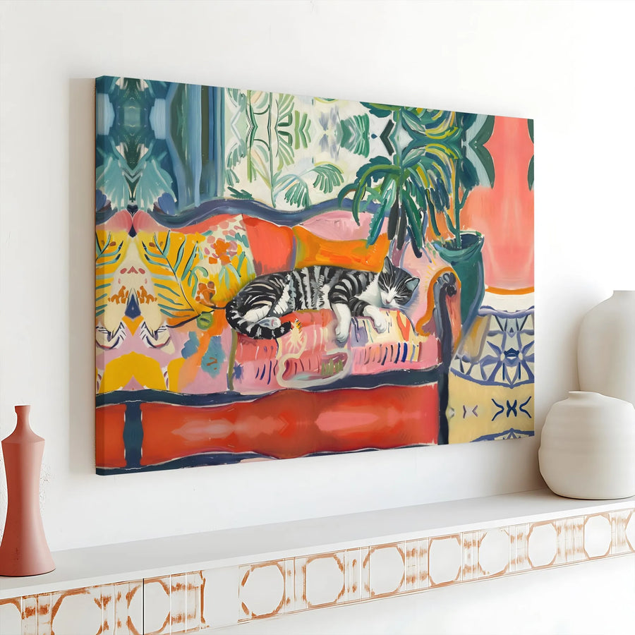 Sleeping Tabby Cat Canvas Print | Colorful Fauvist Home Decor Wall Art | Premium Gallery-Wrapped Stretched Canvas | Artistic Gift for Cat Lovers