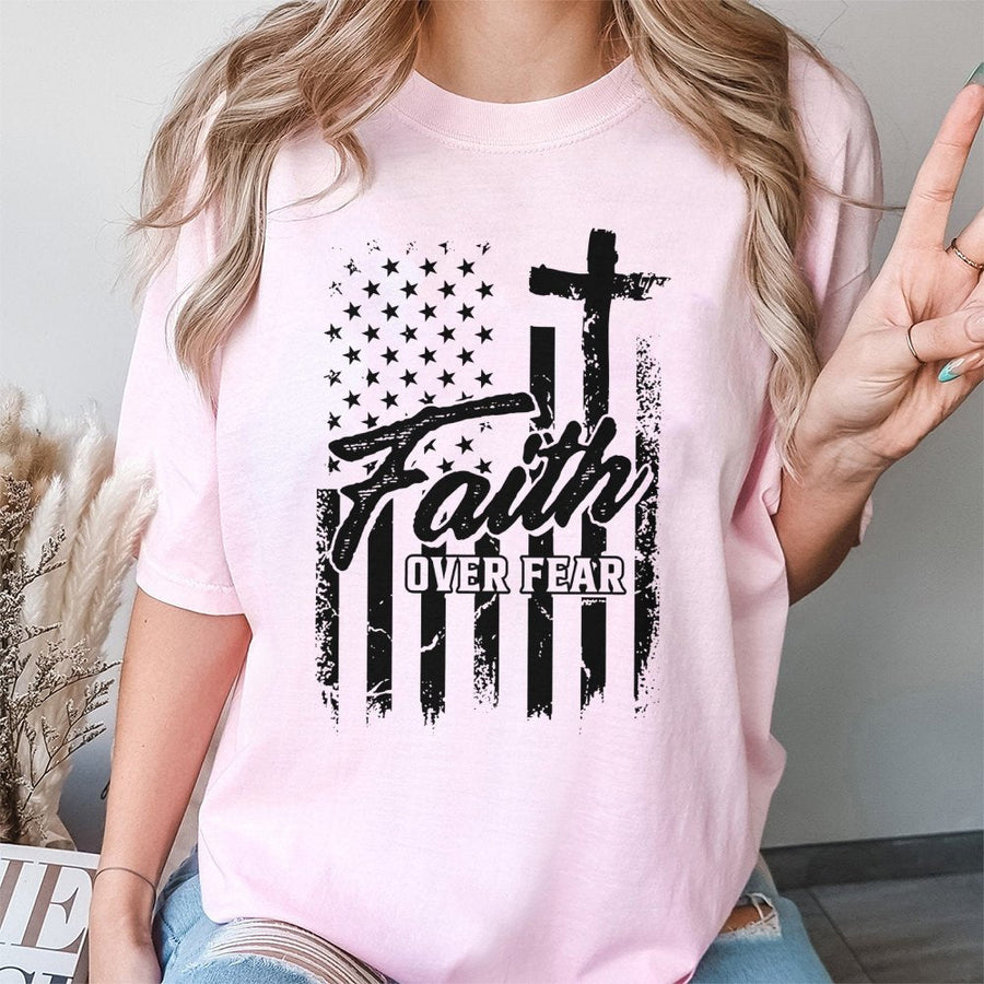 Faith Over Fear T-Shirt | Patriotic American Flag Cross Graphic | Premium 100% Cotton Tee | Christian Religious Gift for Men and Women