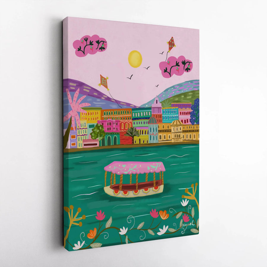 Colorful Indian Cityscape Canvas Print | River Boat And Kites Whimsical Art | Premium Fade-Resistant 1.25 Inch Profile | Vibrant Home Decor Wall Art