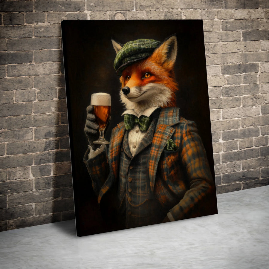 Dapper Fox Wall Art | Gentleman Fox in Plaid Suit Drinking Beer | Premium Gallery-Wrap Canvas Print | Unique Bar Decor & Office Gift