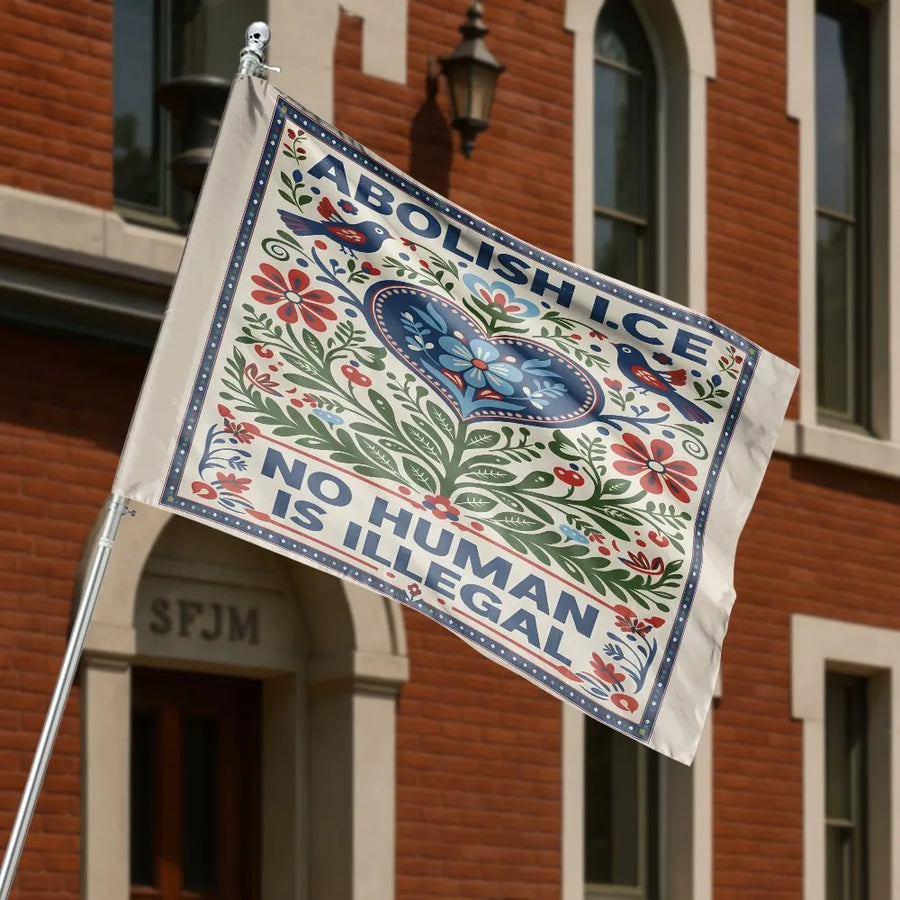 Abolish ICE House Flag | No Human Is Illegal Folk Art Design | Weather-Resistant Polyester | Social Justice Yard Decor & Activist Gift