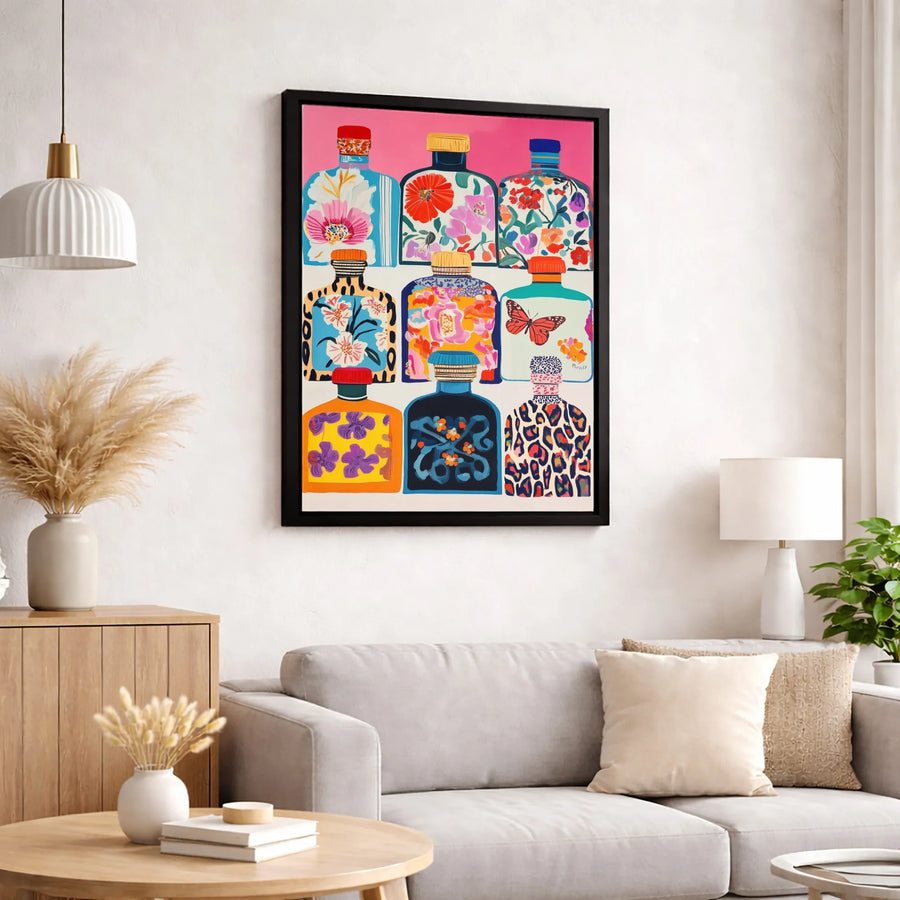 Colorful Bottle Art Canvas Print | Maximalist Floral Leopard Pattern | 1.25-Inch Gallery Wrap | Boho Home Decor Gift For Her