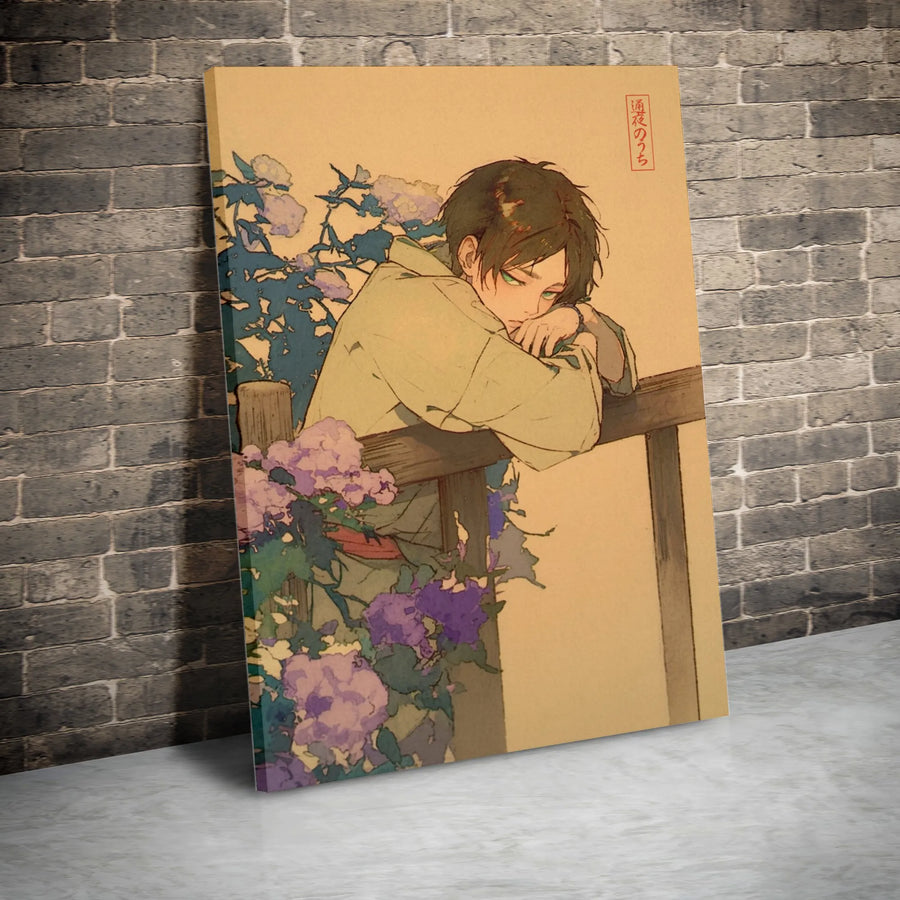 Anime Aesthetic Canvas Wall Art | Melancholy Boy with Hydrangeas | Premium Gallery Wrap Decor | Gift for Otaku and Manga Fans