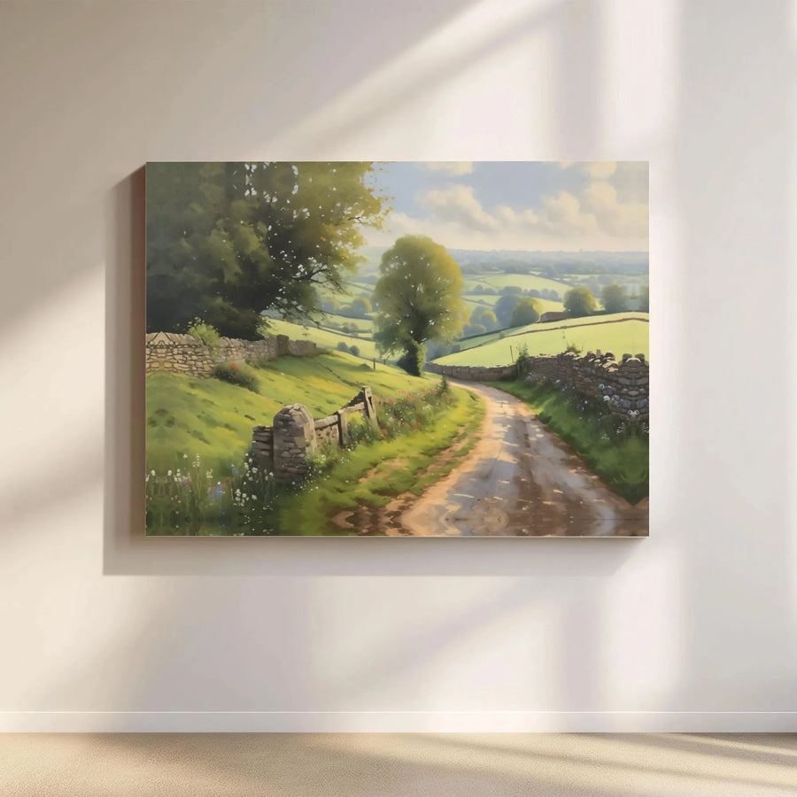 Country Landscape Canvas Print | Rolling Green Hills & Stone Wall Path | 1.25" Gallery Wrap | Nature Home Decor Wall Art