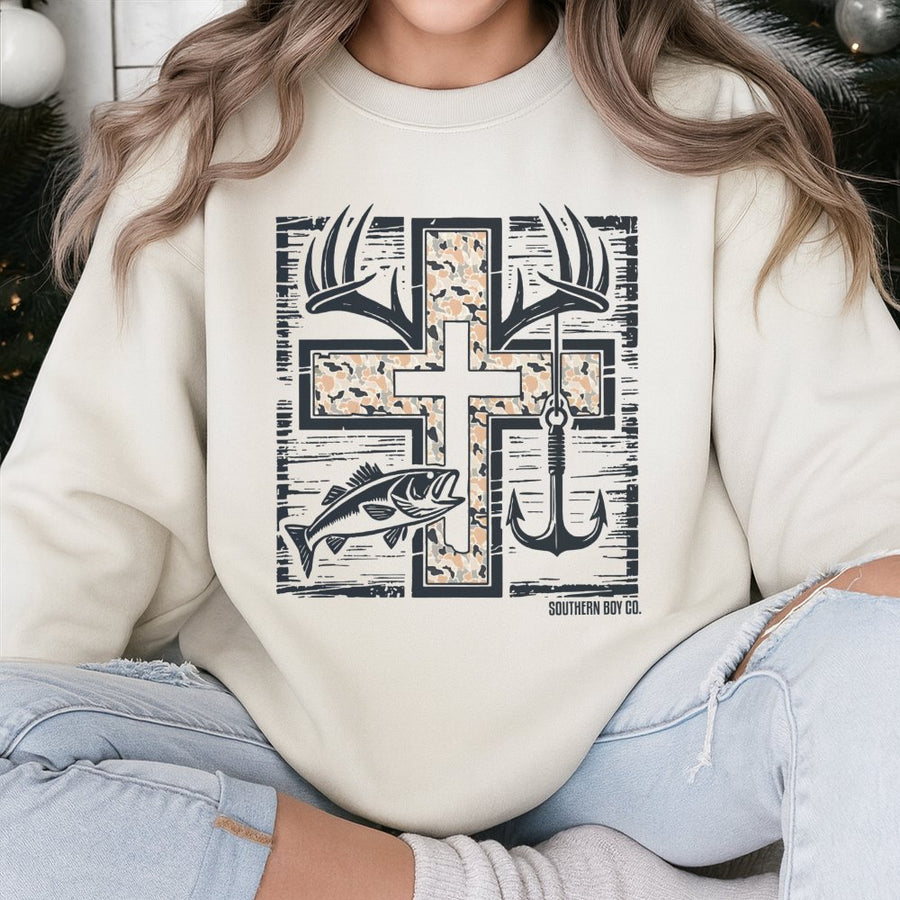 Hunting and Fishing Sweatshirt | Camo Cross Deer Antler Graphic | Premium Cotton Blend | Faith Based Outdoorsman Gift