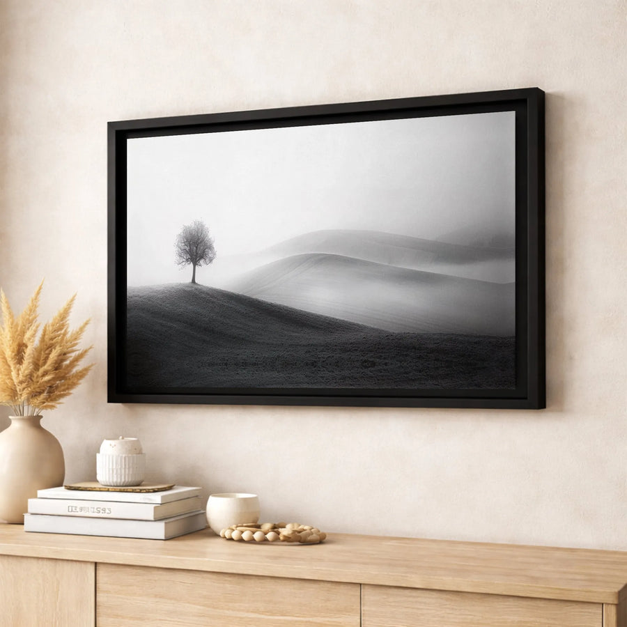 Minimalist Black and White Landscape Canvas | Solitary Tree Foggy Hill Art | Gallery Quality 1.25 inch Profile | Modern Home Office Decor Gift