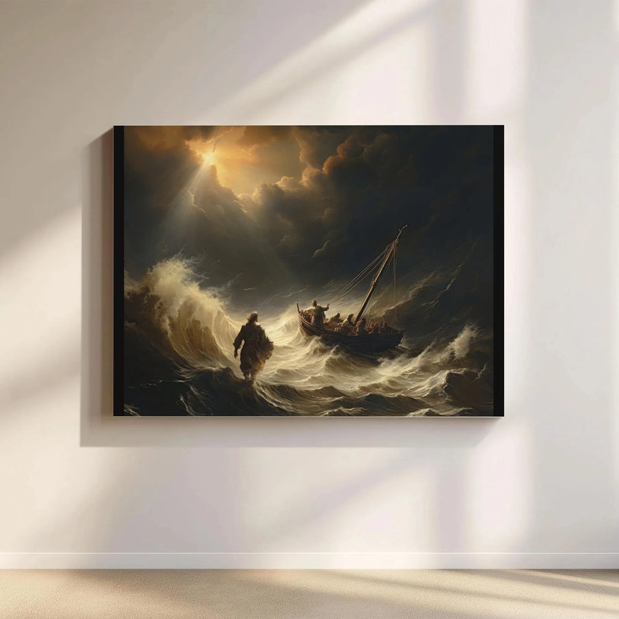 Jesus Walking On Water Canvas | Biblical Storm At Sea Wall Art | Premium 1.25" Gallery Wrap | Religious Christian Home Decor Gift