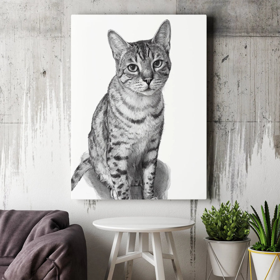 Tabby Cat Portrait Canvas Art | Realistic Pencil Sketch Drawing | 1.25 Inch Gallery Wrap | Minimalist Animal Wall Decor for Pet Lovers