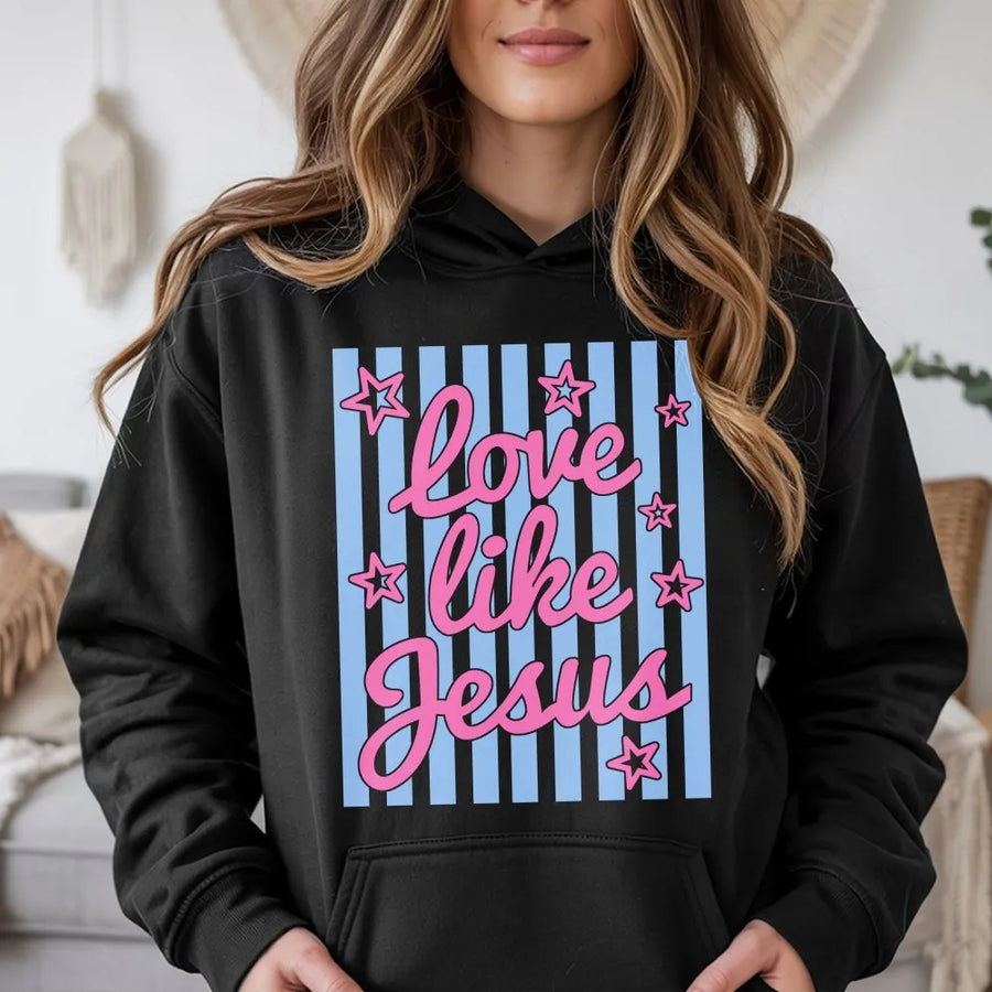Love Like Jesus Hoodie | Retro Striped Christian Graphic | Cozy Cotton Blend Pullover | Faith Based Apparel Gift for Women