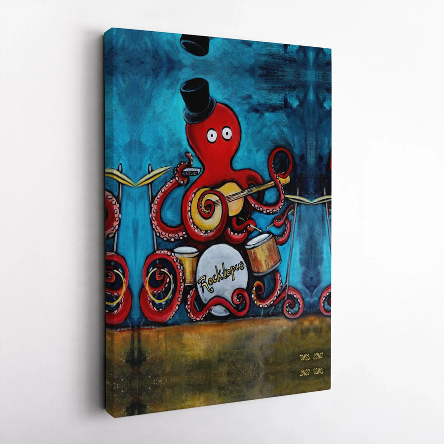 Rocktopus Wall Art | Octopus One Man Band Painting | Premium Gallery Wrap Canvas Print | Quirky Music Room Decor Gift for Musician