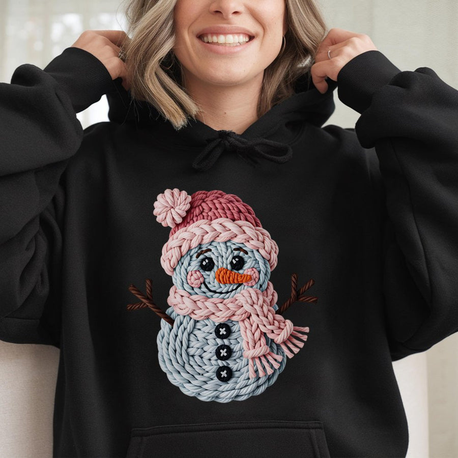 Christmas Snowman Hoodie | Crochet Faux Yarn Graphic Design | Premium Cotton-Blend Pullover | Cute Holiday Gift for Women and Men