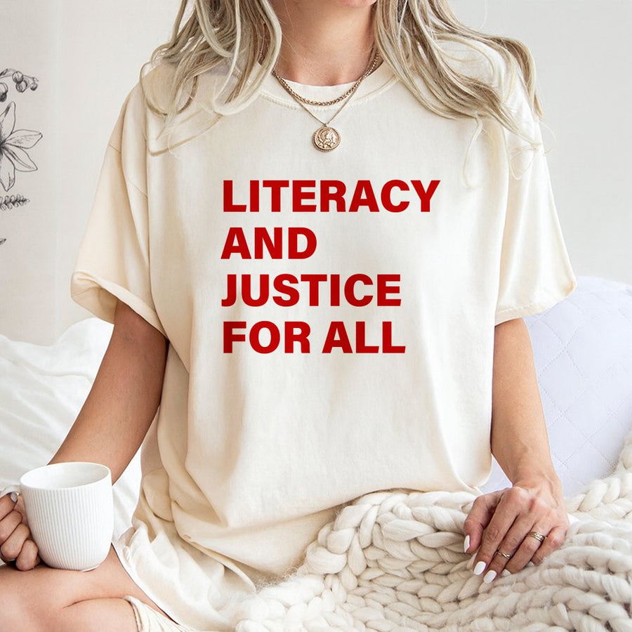 Literacy And Justice For All T-Shirt | Retro Typography Graphic Tee | 100% Cotton Premium Quality | Librarian Teacher Book Lover Gift