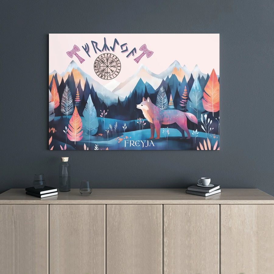 Freyja Viking Canvas Print | Norse Wolf Vegvisir Compass & Axes Art | 1.25 Inch Gallery Wrap | Mythological Home Decor Gift for Pagans