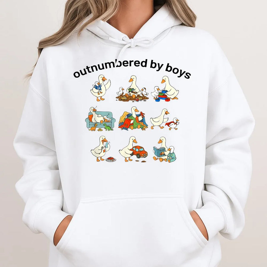 Funny Boy Mom Hoodie | Outnumbered By Boys Goose Graphic | Cozy Cotton Blend | Mothers Day Gift for Boy Mama