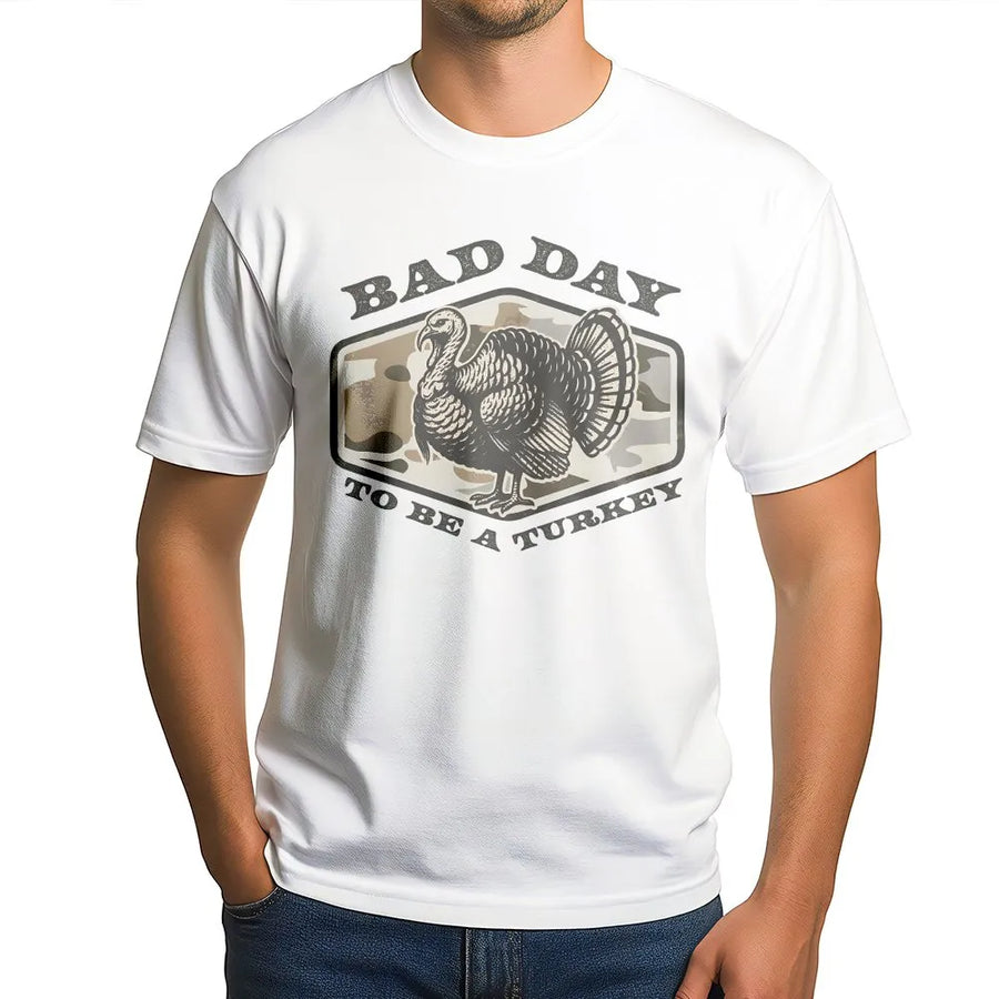 Turkey Hunting T-Shirt | Funny 'Bad Day To Be A Turkey' Camo Graphic | Premium Cotton Blend | Gift for Hunter & Outdoorsman