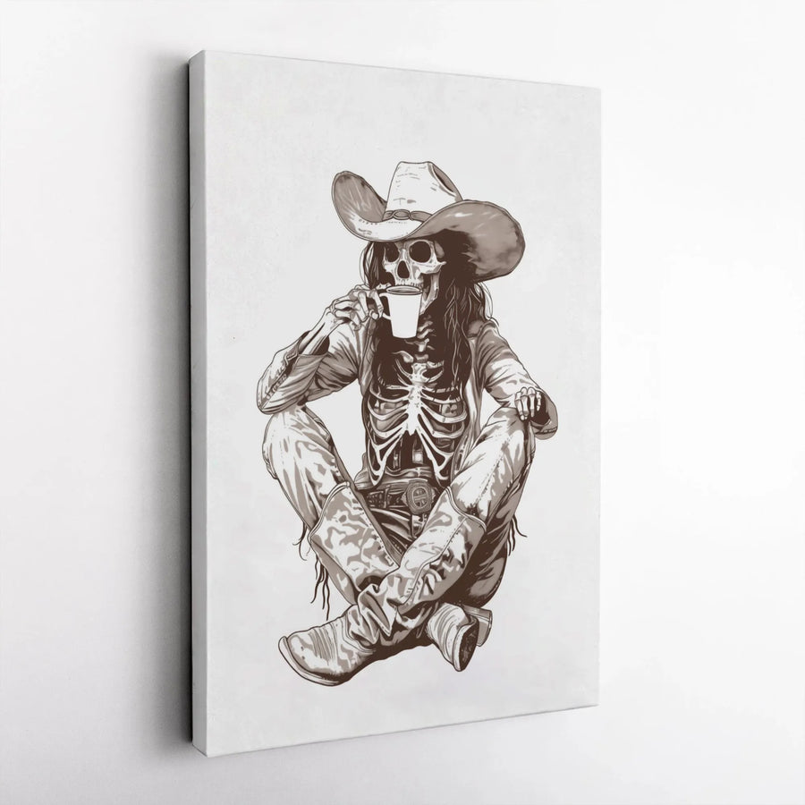 Cowgirl Skeleton Wall Art | Western Coffee Lover Canvas Print | Premium Gallery Wrapped Decor | Unique Cowboy Aesthetic Gift for Home Office