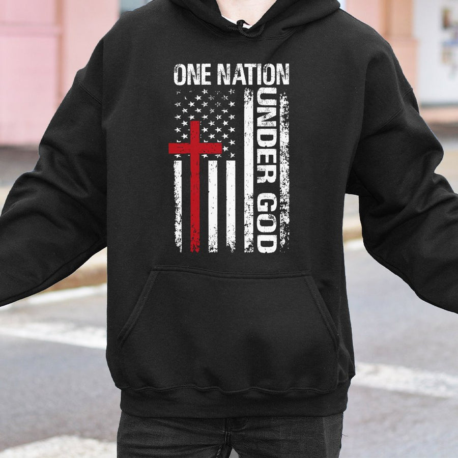 One Nation Under God Hoodie | Distressed USA Cross Flag Graphic | Premium Cotton Blend | Christian Patriotic Gift for Men and Women