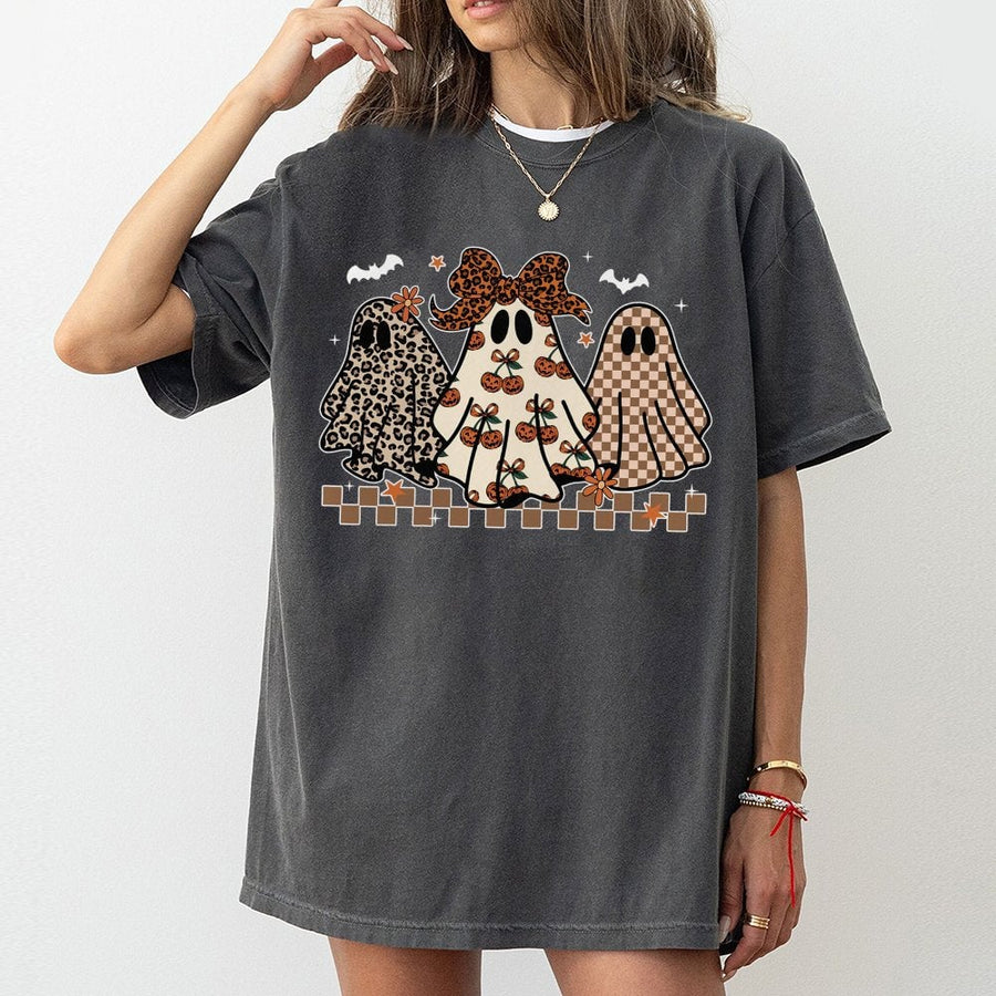 Preppy Halloween Ghost T-Shirt | Leopard Print and Checkerboard Spooky Design | Premium 100% Cotton | Cute Fall Gift for Women and Teens