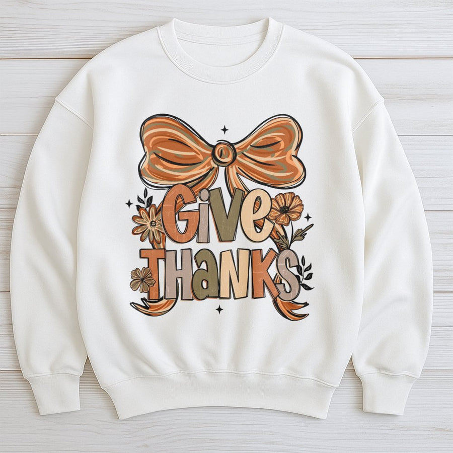 Give Thanks Sweatshirt | Floral Coquette Bow Graphic | Premium Cotton Blend | Thanksgiving Outfit Gift for Women