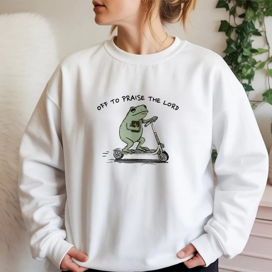Funny Christian Frog Sweatshirt | Off To Praise The Lord Graphic | Garment-Dyed Comfort Colors Tee | Bible Study Gift for Men and Women