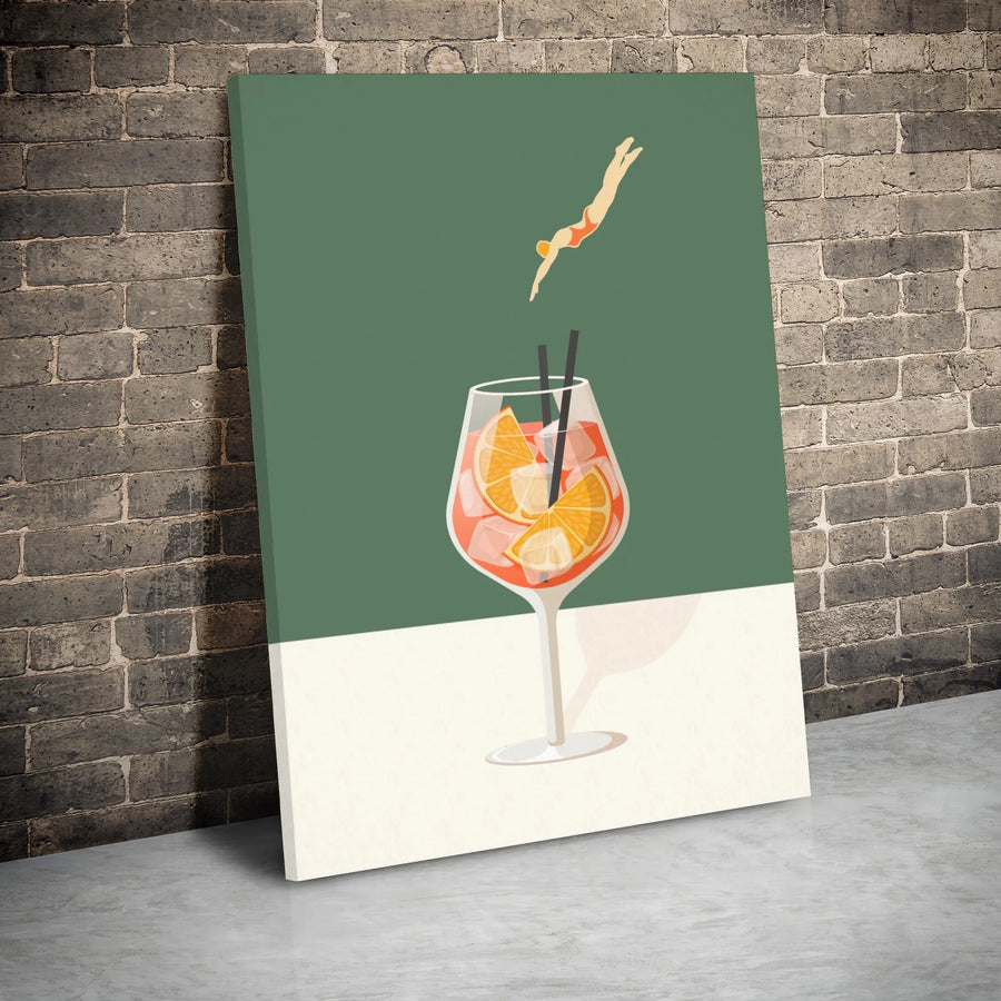 Cocktail Canvas Wall Art | Woman Diving Into Spritz Illustration | Premium Gallery Wrap Print | Modern Kitchen Bar Decor
