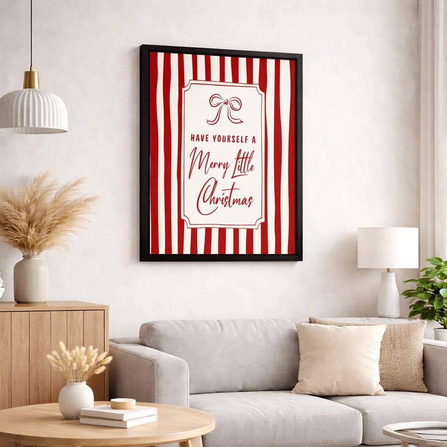 Merry Little Christmas Wall Art | Red Striped Farmhouse Holiday Decor | Premium Gallery Wrapped Canvas | Festive Seasonal Home Gift