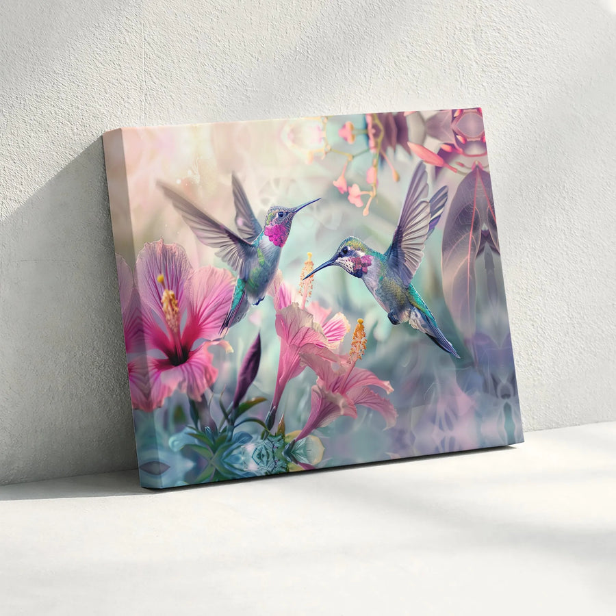 Hummingbird Canvas Wall Art | Ethereal Hummingbirds and Hibiscus Print | Premium Gallery Wrapped Canvas | Gift for Nature Lovers Living Room Decor