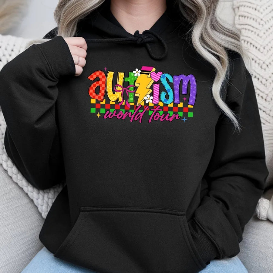 Autism Awareness Hoodie | Colorful Retro World Tour Graphic | Soft Cotton Blend Crewneck | Neurodiversity Acceptance Gift for Mom Teacher